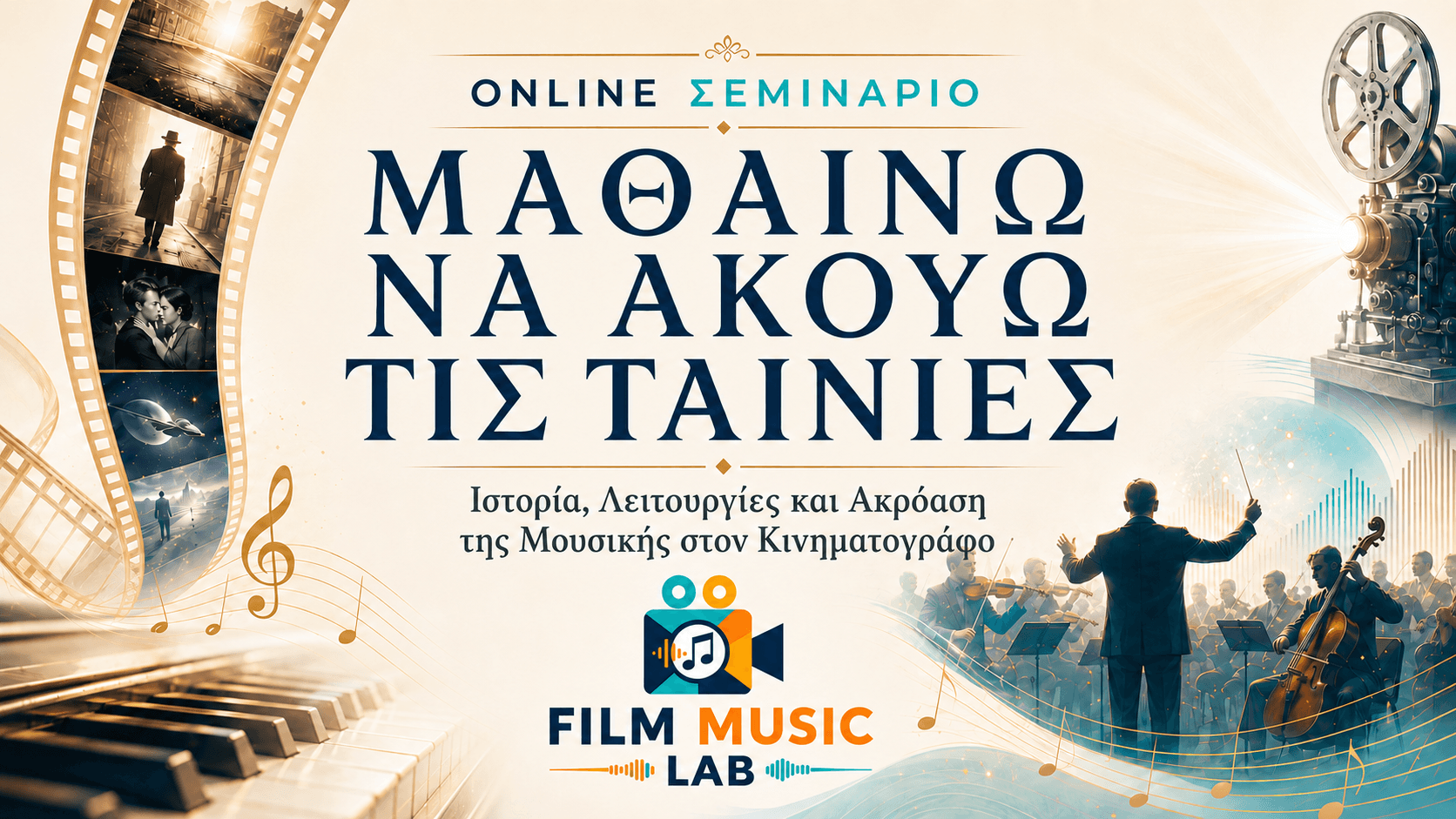 Film Music Lab online seminar poster featuring a projector, film strips, and a live orchestra.