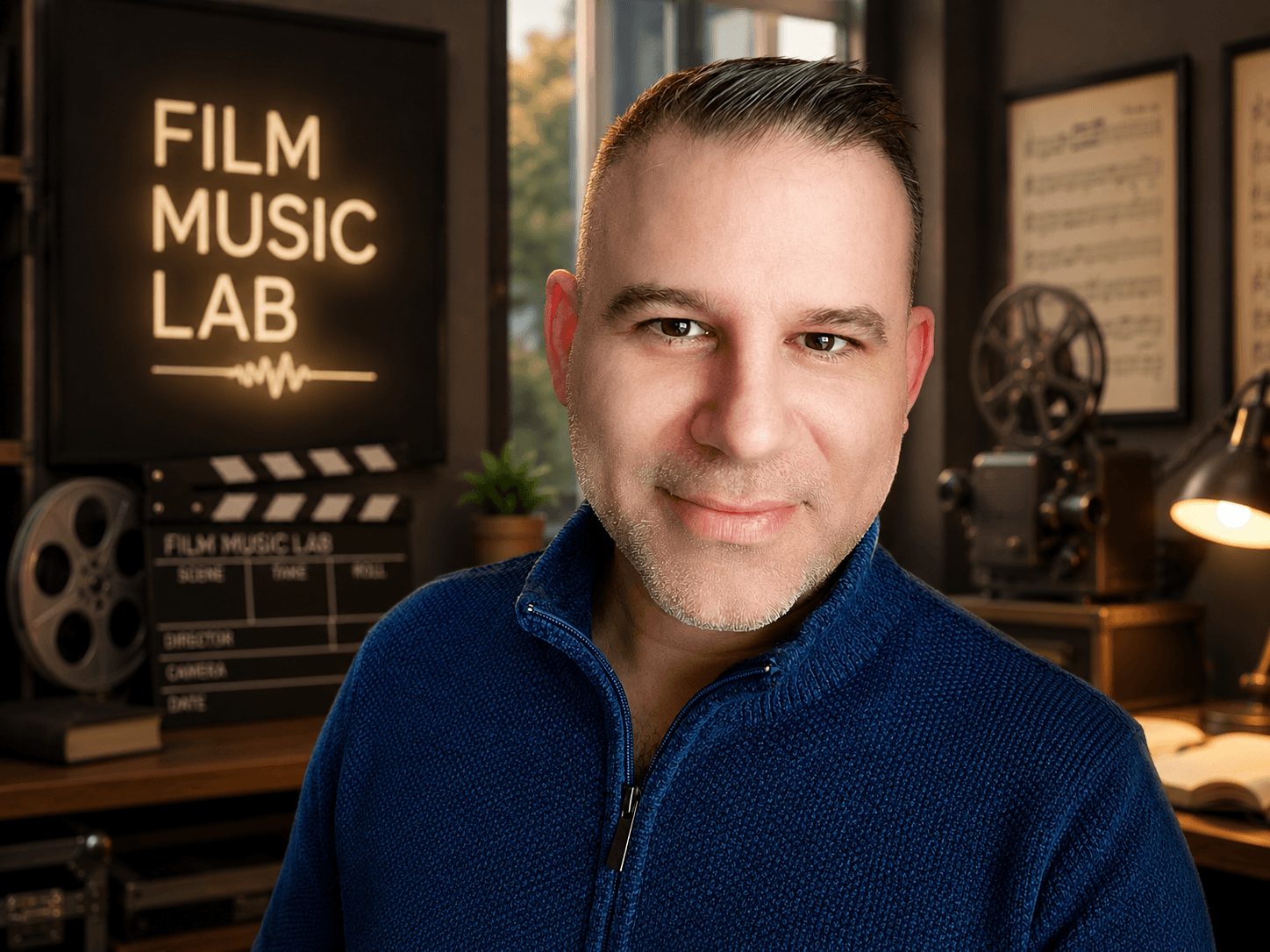Man in blue sweater posing before a Film Music Lab sign and vintage film equipment.