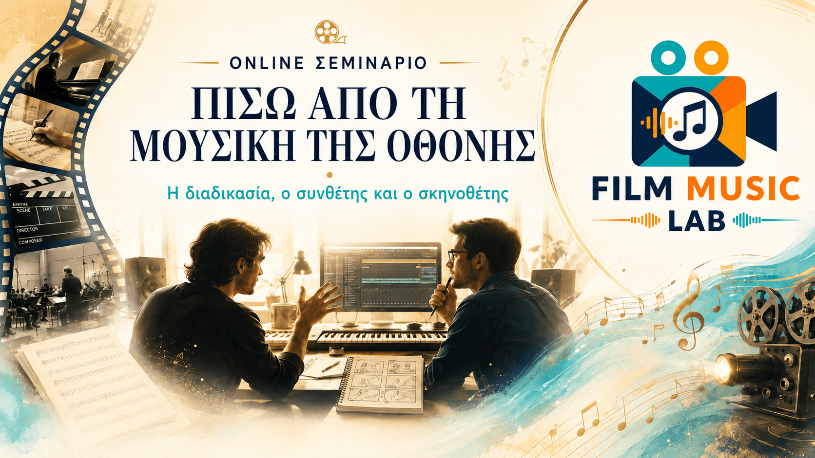 Promotional banner for a film music seminar featuring two men collaborating in a digital studio.