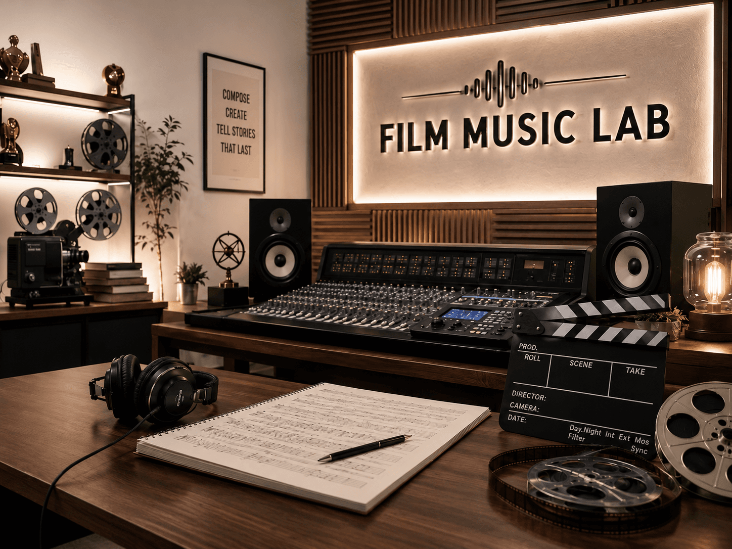 Professional film music studio with mixing console, sheet music, clapperboard, and backlit lab sign.